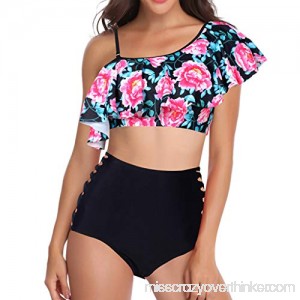 One Shoulder Ruffles Bikini Set Malbaba Floral Printed High Waisted Swimwear Backless Swimsuit Monokini Black B07NKD2CD1